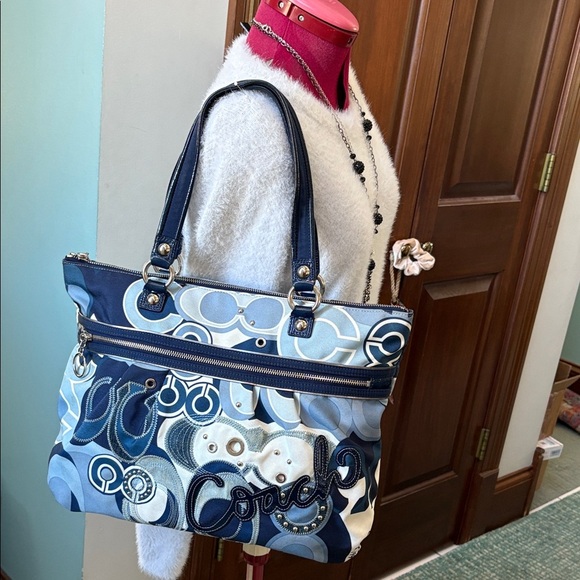 Coach Poppy Pop C Glam tote shoulder bag denim blue/white/Silvertone HW NWOT - Picture 3 of 17